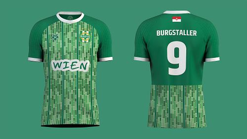 Front and back views of Rapid Wien home shirt concept displayed side by side.
