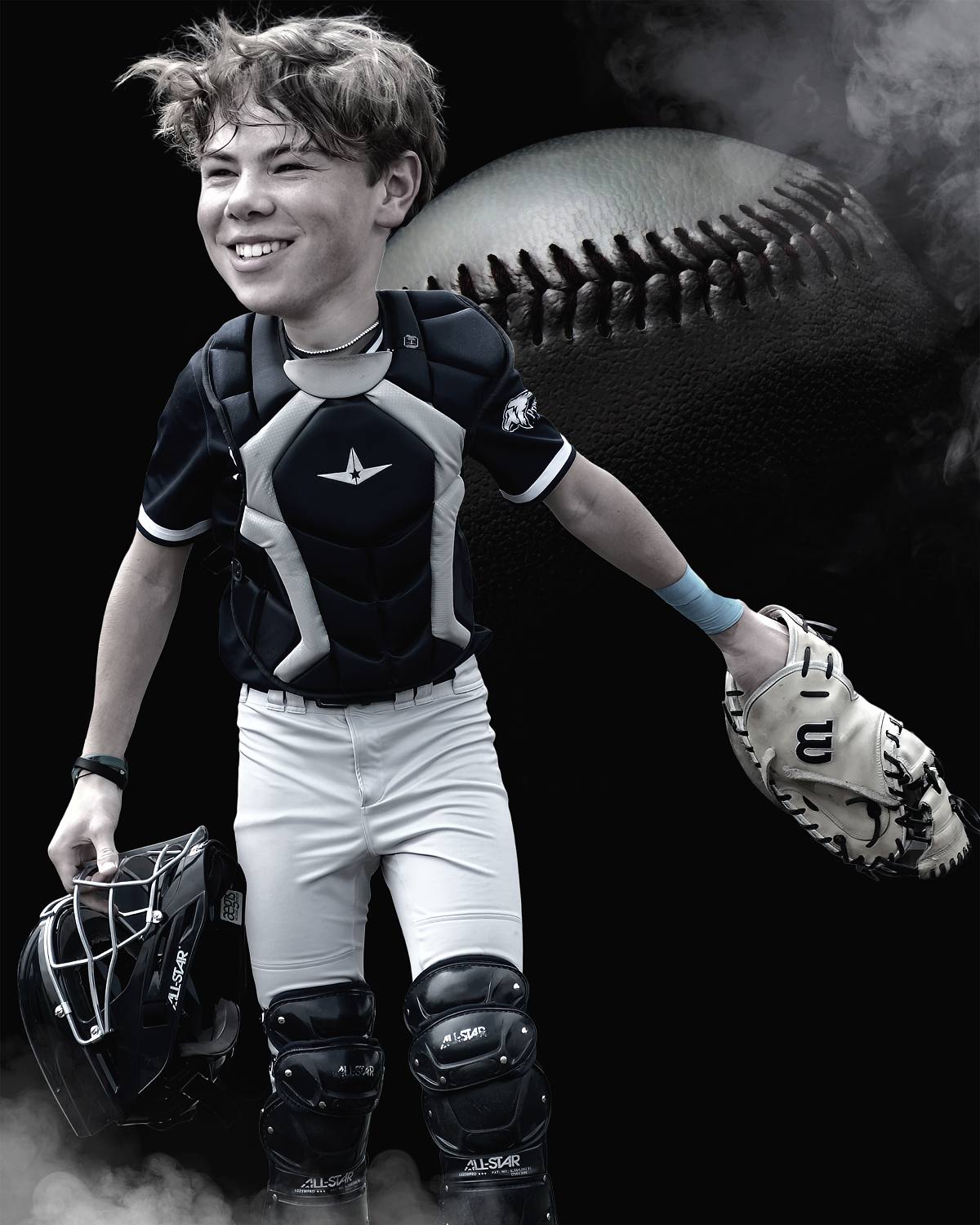 Youth baseball player ProClicks Photography wearing catcher&rsquo;s gear holding a glove and helmet in a stylized composite portrait.