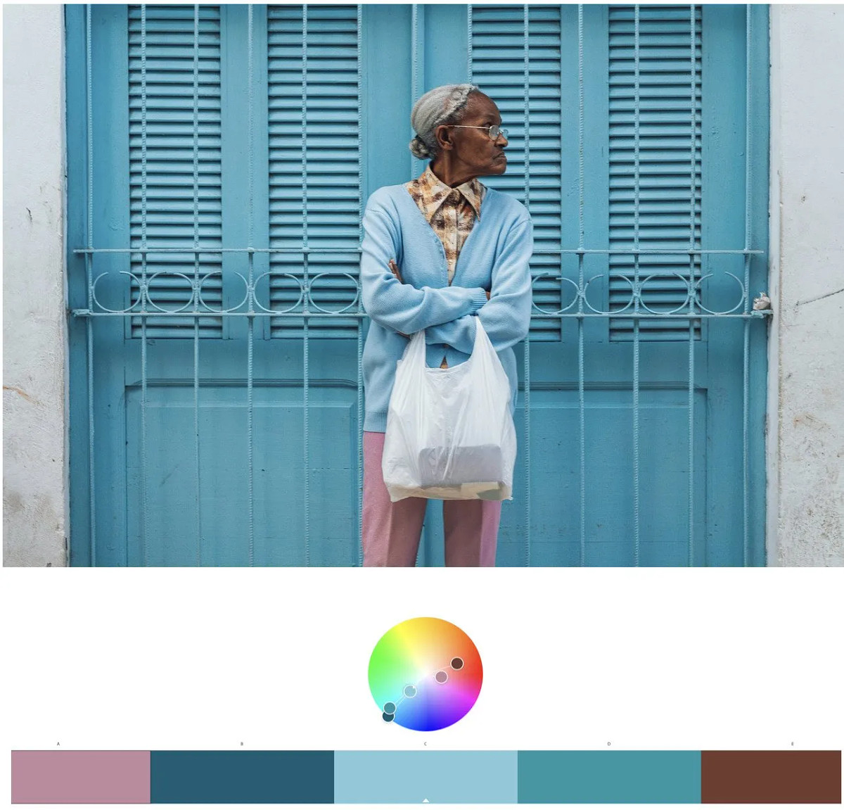 Most of the colors are desaturated versions of blue and purple; only the skin tone is brown, so there is a strong color contrast between the face and the background