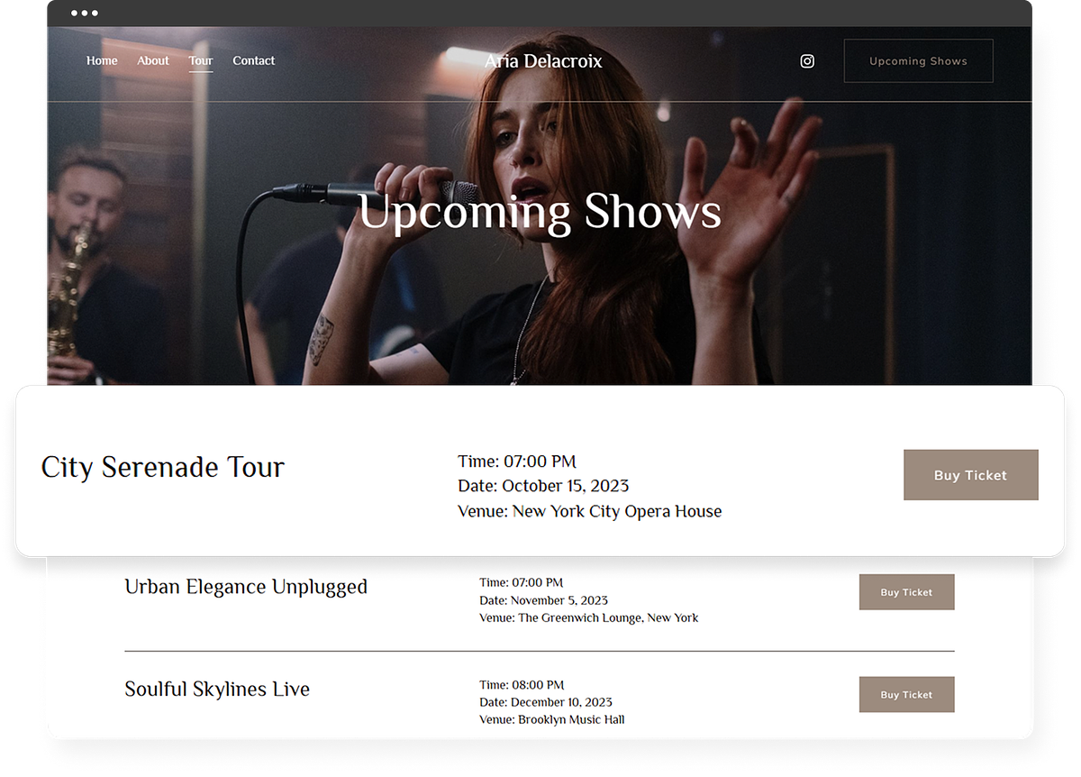 Dated gig list on a DJ website built on Pixpa