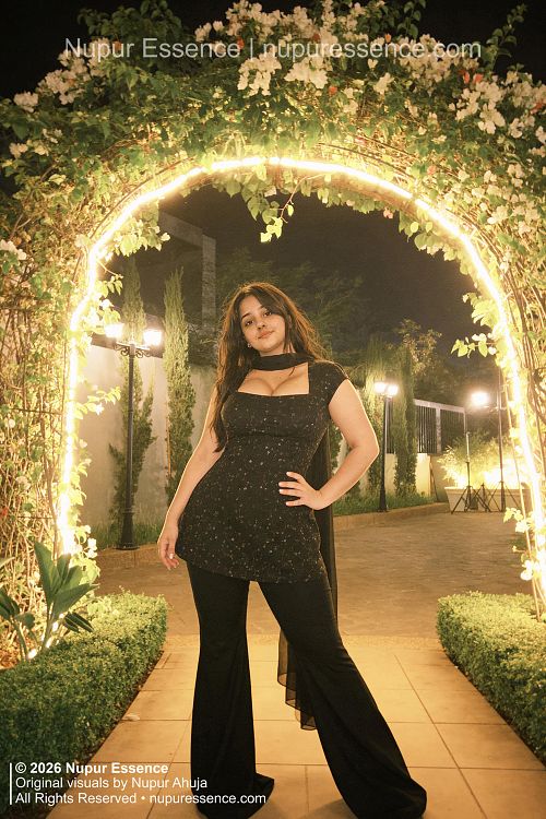 Nupur Ahuja for Nupur Essence posing beneath illuminated garden arches in a black outfit