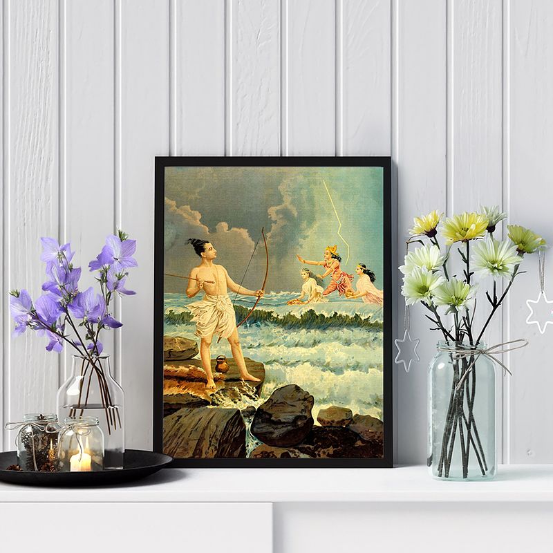 Sri Rama Vanquishing the Sea – A Divine Confrontation by Raja Ravi Verma