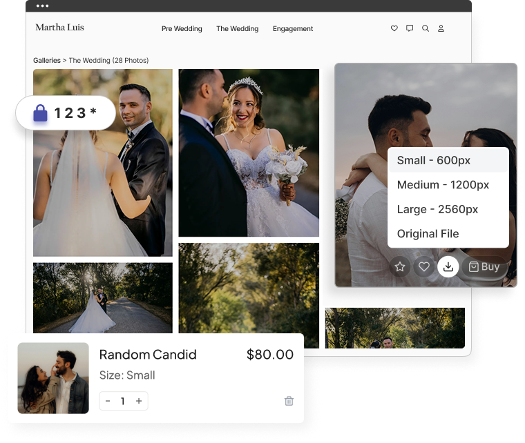 A branded Pixpa e-commerce gallery with password protection, download-size options and a print added to the cart