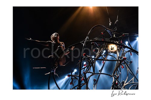 Horizontal color image of Pink perched on a suspended stage structure with one arm outstretched under dramatic concert lighting