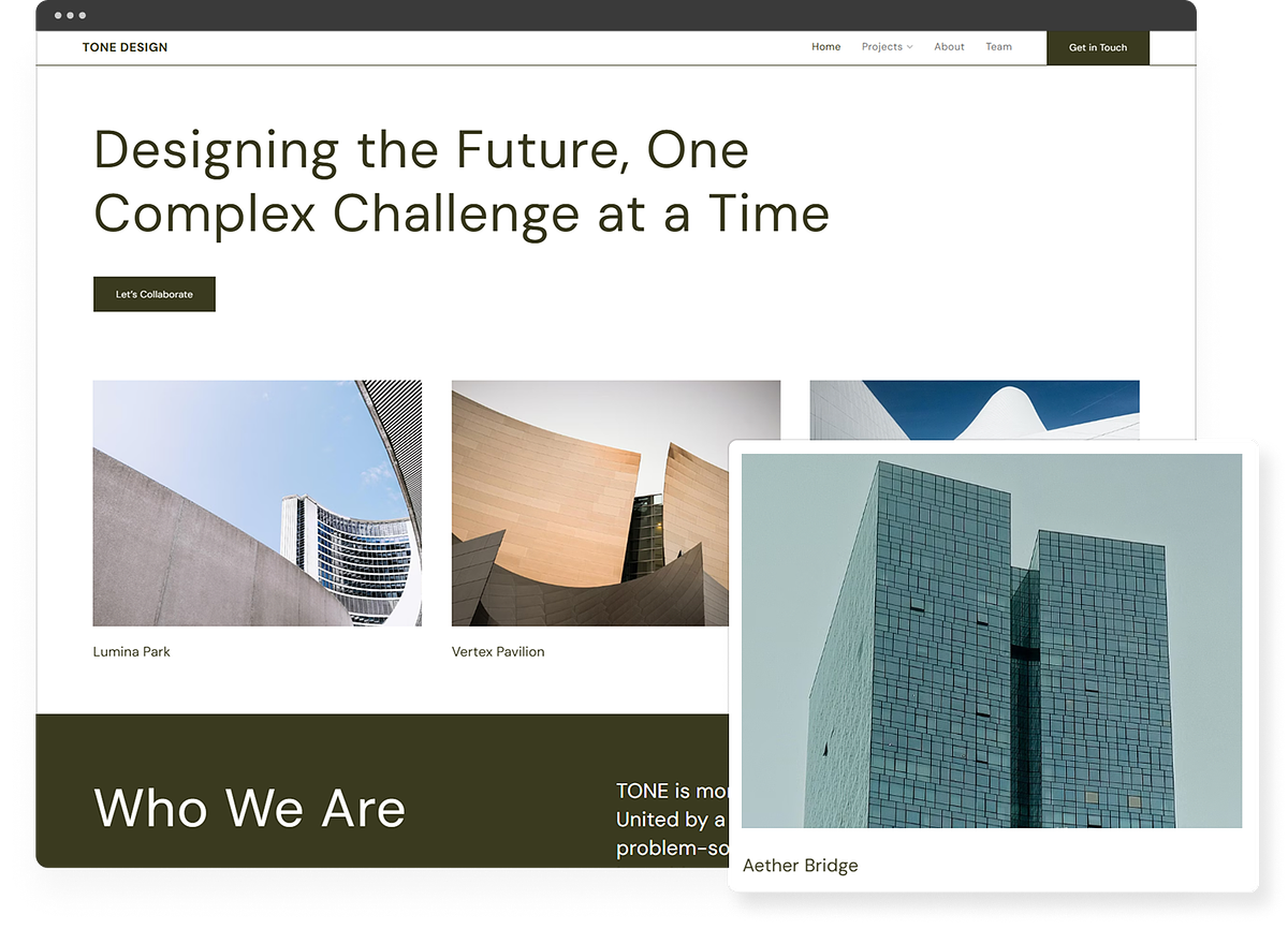 Architecture portfolio templates by Pixpa with large image-led layouts and client galleries