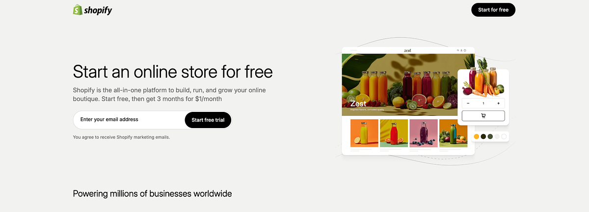 Página de inicio de Shopify que muestra la plataforma de comercio electrónico con funciones de venta multicanal.