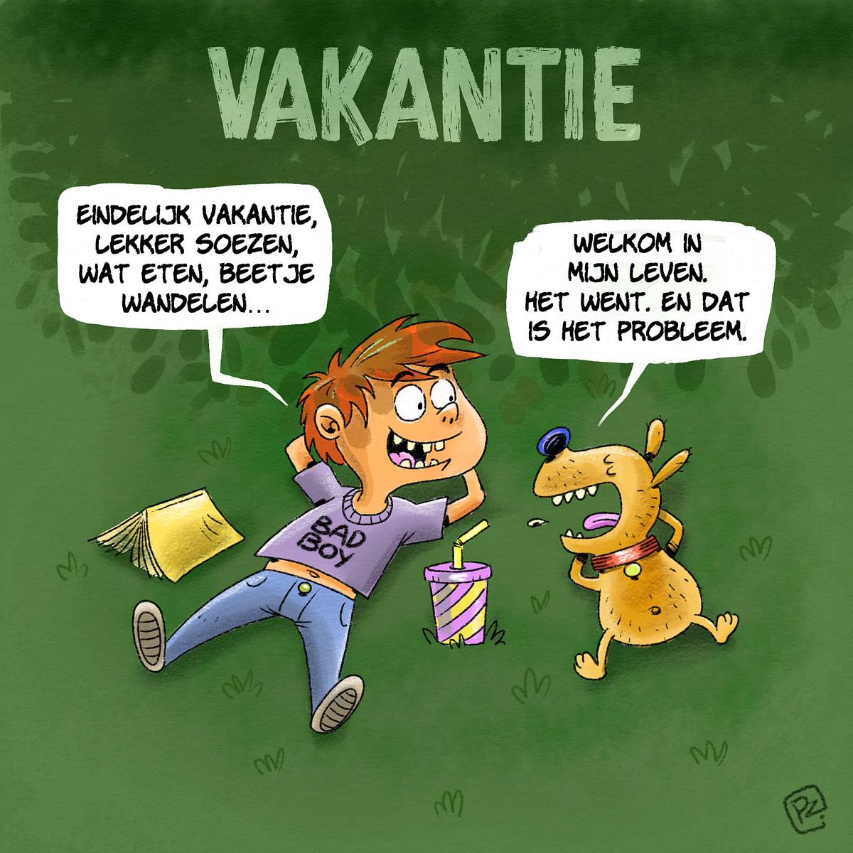jongen en hond liggen te soezen in de zon, hond doet dit al heel zijn leven
