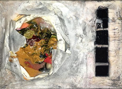 Zeros and Ones 2016 Acrylic, collage, and found objects on canvas 7”x5”