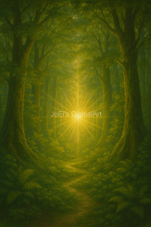 Lichtdurchfluteter Waldpfad mit goldenem Zentrum