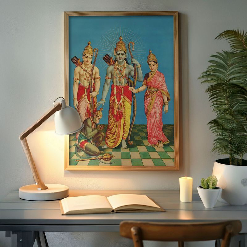 Divine Assembly: Rama, Sita, Lakshmana, and Hanuman by Raja Ravi Verma