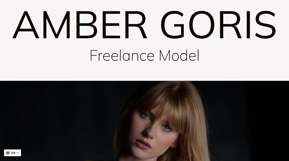 Amber Goris's modeling portfolio, oversized name hero with a language selector