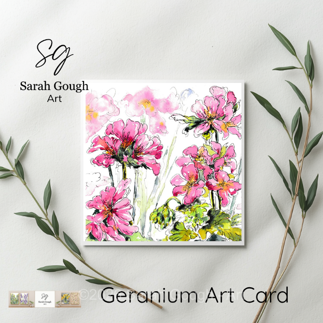 Pink Geranium | Botanical Art Card | Watercolour Original Illustration | Square | with Envelope