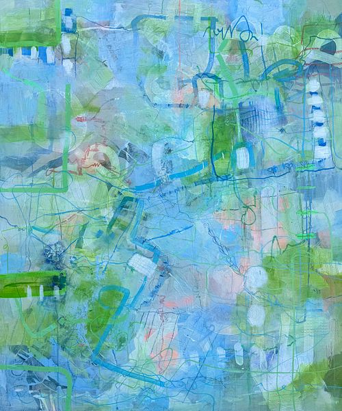 Abstraktes Acrylgemälde in Blau und Frühlingsgrün mit fließenden Linien und Collage-Elementen – „Frühlingsspaziergang am Wasser" von Sylvie Gasser / AtelierWerkstatt , Abstract acrylic painting in blue and spring green with flowing lines and collage elements – "Spring Walk by the Water" by SylvieGasser/ AtelierWerkstatt