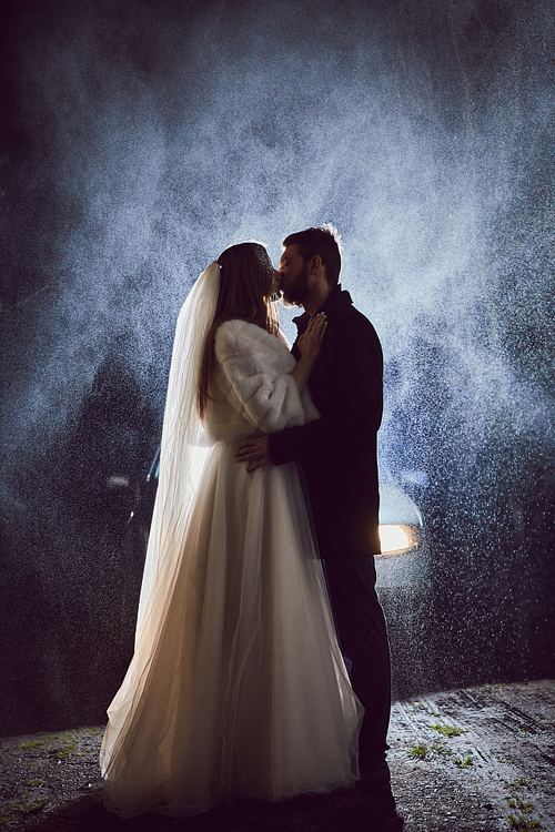 Creative night wedding portrait near Pidhirtsi Castle