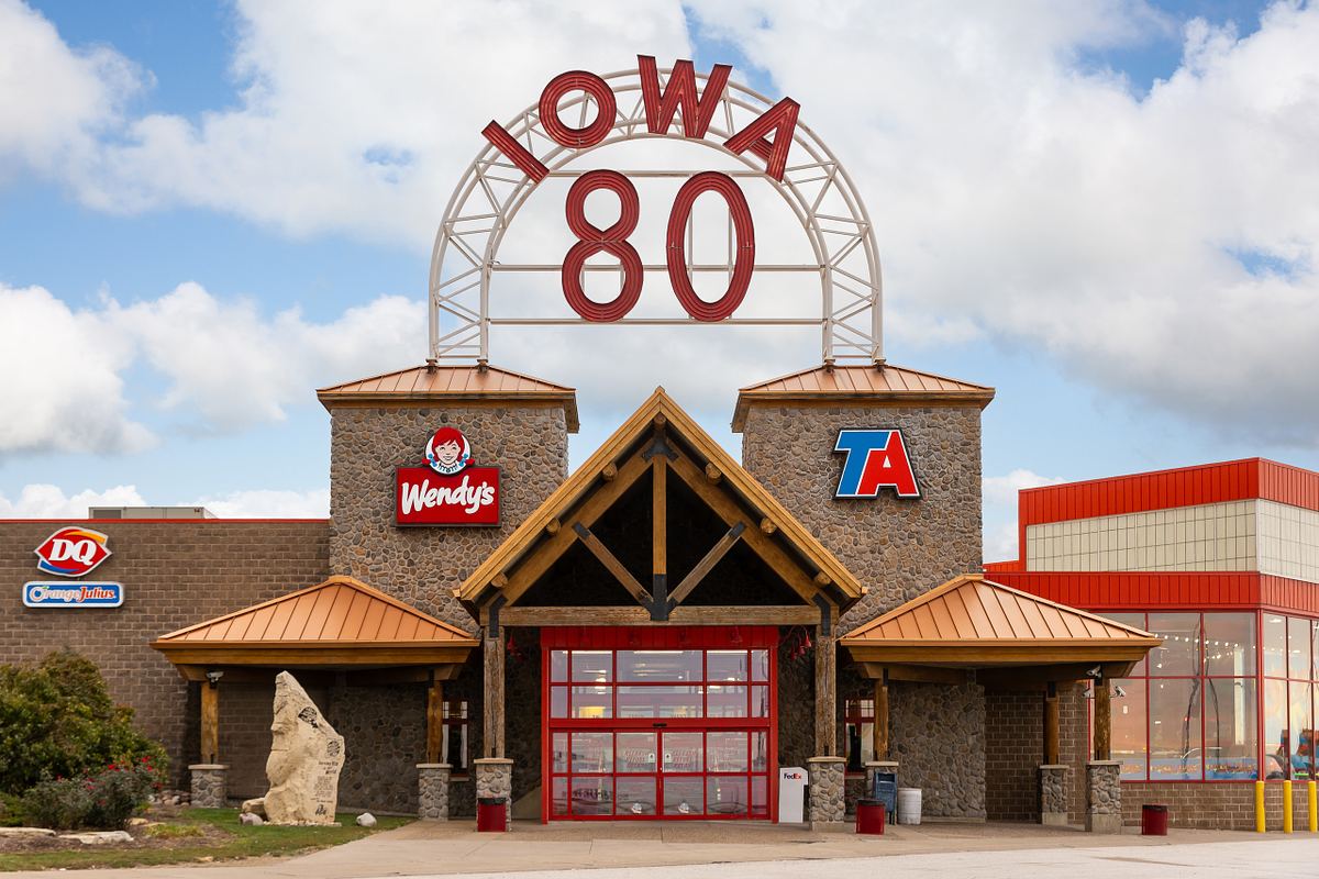 Walcott, IA, USA - October 28, 2025: Iowa 80 - The World's Largest Truckstop is a 220 acre rest stop offering, gas, restaurants, snacks, oil changes, dentist, chiropractor, and more.