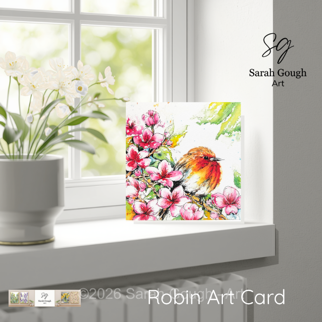 Robin and Spring Blossom | Spring Art Card | Watercolour | with Envelope