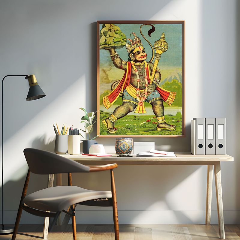 Divine Strength: Lord Hanuman Carrying the Mountain-Raja Ravi Verma