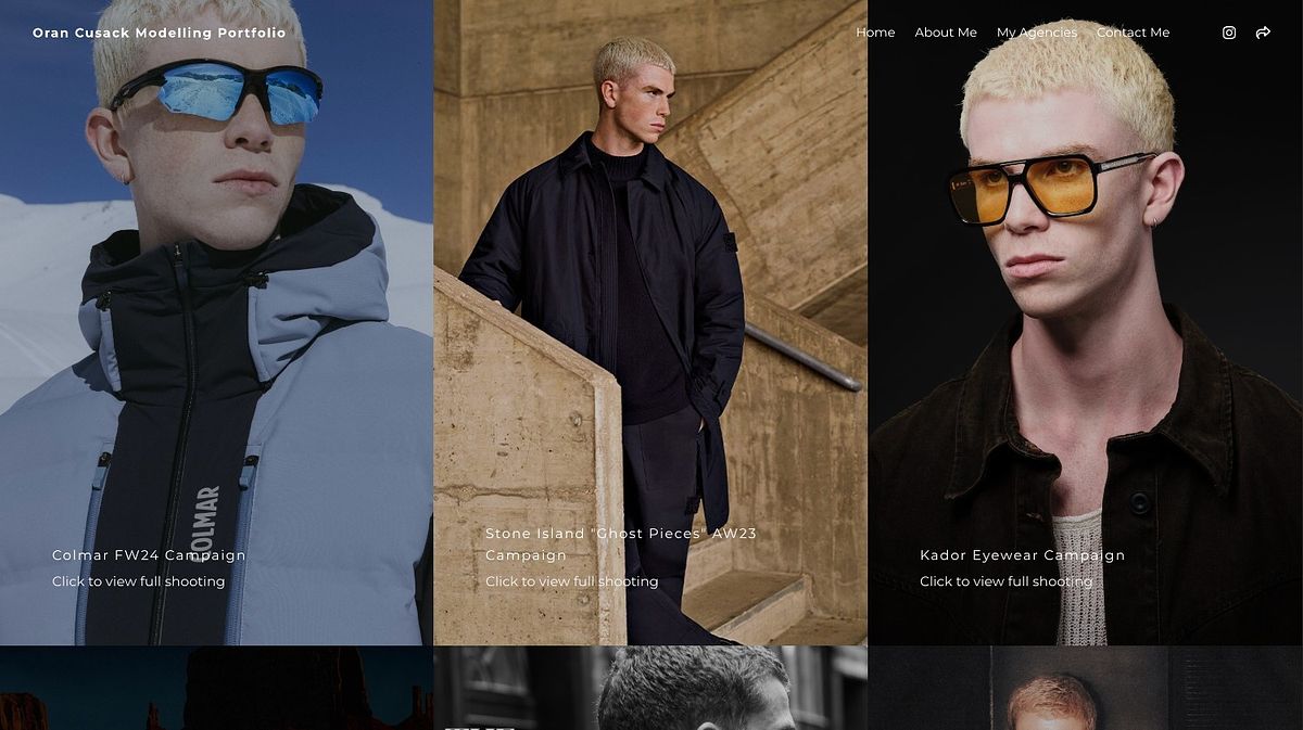 Oran Cusack's modeling portfolio, dark grid of named brand campaigns
