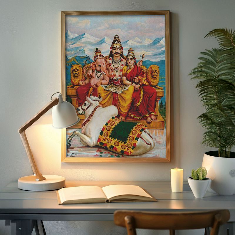 Shiva Parvati and Ganesha on Mount Kailas with Nandi by Raja Ravi Verma