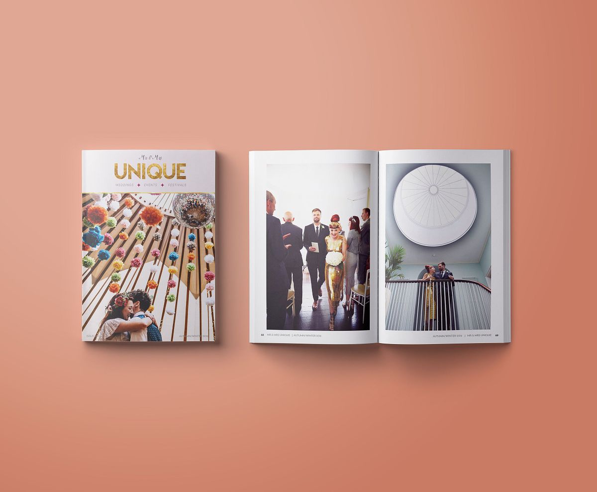 wedding magazine with colour cover and photo of a bride wearing a gold dress