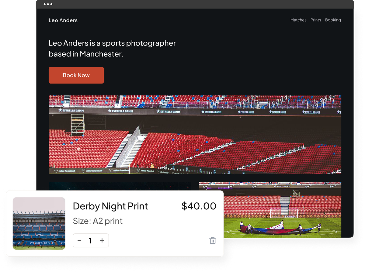 A Pixpa portfolio fotografii sportowej ze wbudowanym sklepem i galeriami klientów
