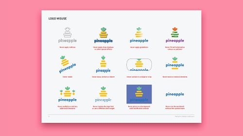 Brand guidelines document page showing logo misuse examples, including applying alternative colours or patterns, rotating the logo, and moving or removing elements.