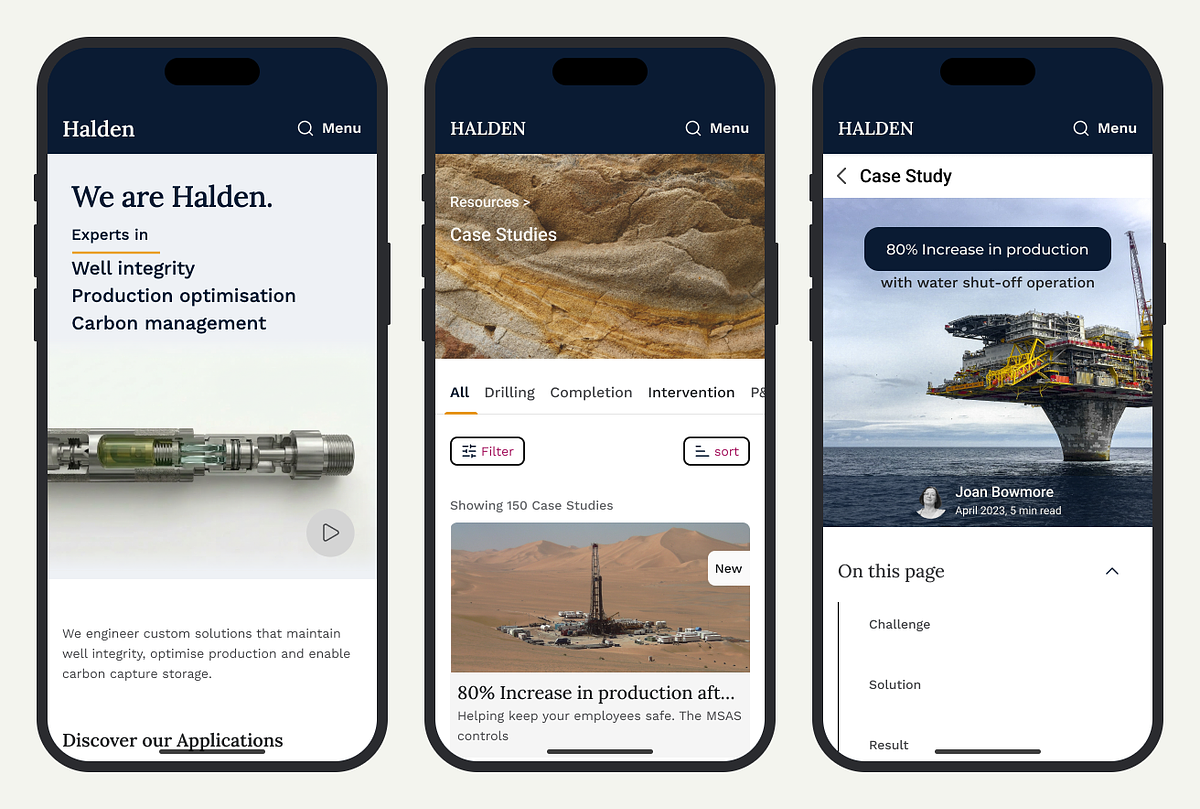 iPhone frames presenting the redesign of Interwell's case study landing page
