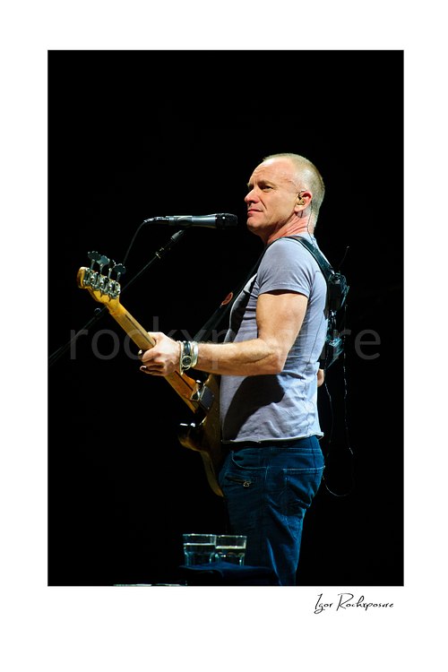 Vertical color image of Sting holding a bass guitar beside a microphone during a live performance