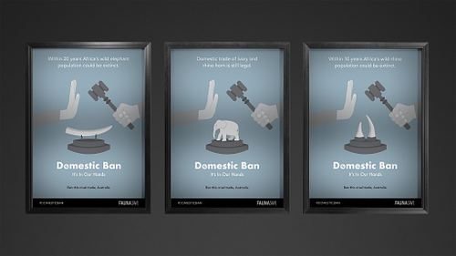 Three awareness posters on dull blue backgrounds, each featuring one of three auction-themed metaphor variations, a different headline, the campaign name and tagline below, and the hashtag and sponsor in a black footer.