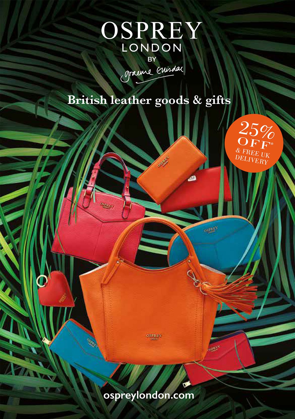 catalogue cover featuring bold, brightly coloured handbags and accessories