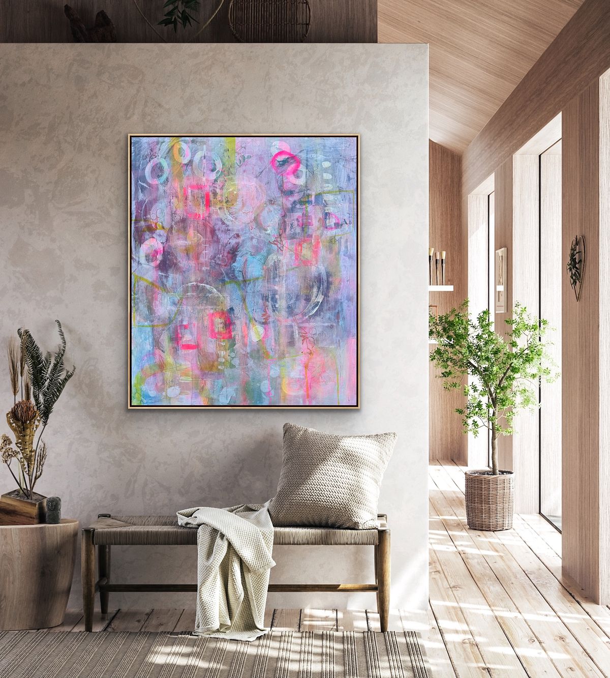 Abstraktes Acrylgemälde in Neonpink, Gelbgrün und Lavendel mit schwebenden Kreisen und Rechtecken, inspiriert von der Hippiebewegung, Friedenshoffnung, 120×100 cm,Sylvie Gasser, Abstract acrylic painting in neon pink, acid yellow and lavender with floating circles and rectangles, inspired by the hippie movement and the hope for peace, 120×100 cm
