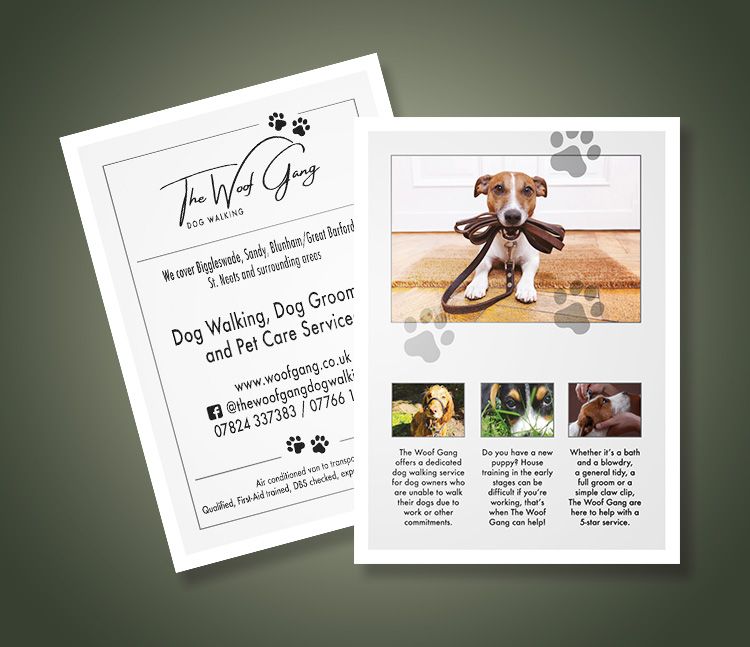 dog groomer leaflet with cute dog with a bone in its mouth
