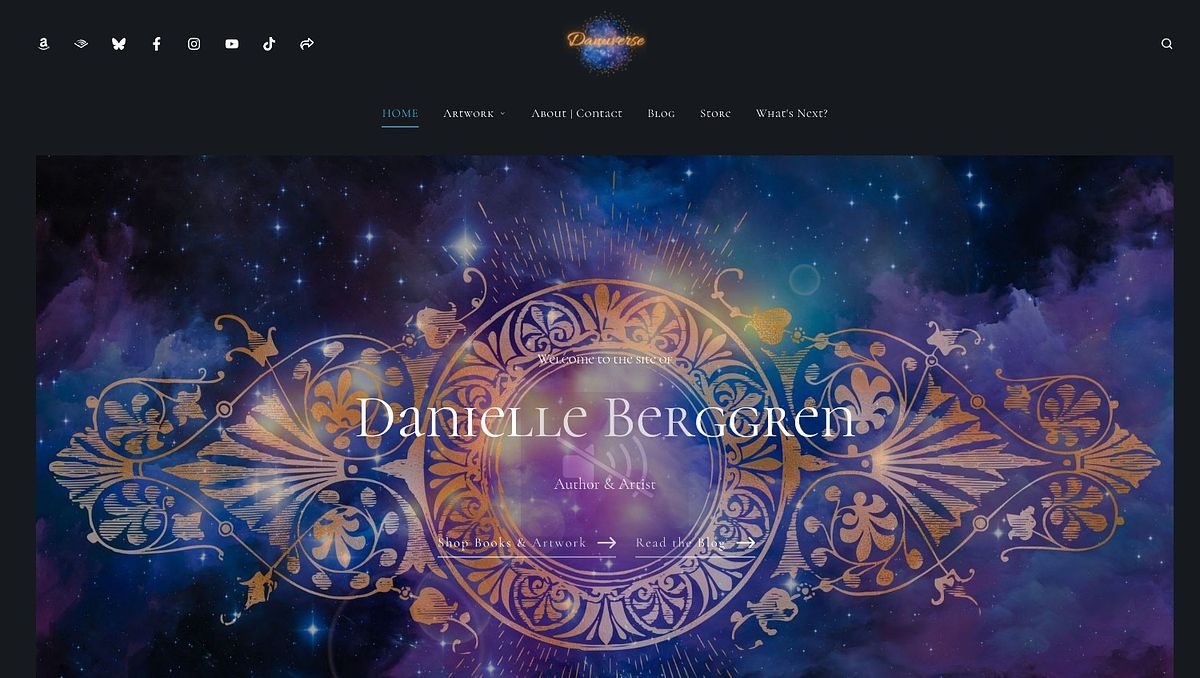 Danielle Berggren fantasy author website built around a cosmic worldbuilding design