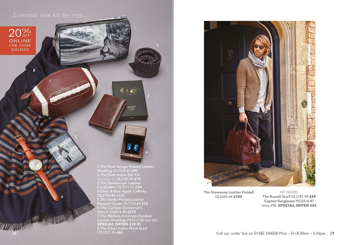 catalogue spread showing mens accessories and a man at a doorway carrying a leather holdall