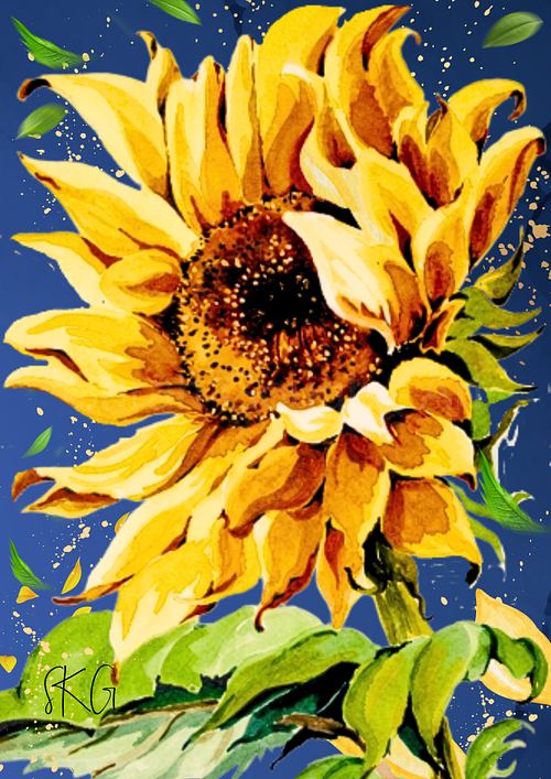 Vibrant watercolour poster print featuring a bold yellow sunflower bloom with rich contrasting tones against a deep blue background.