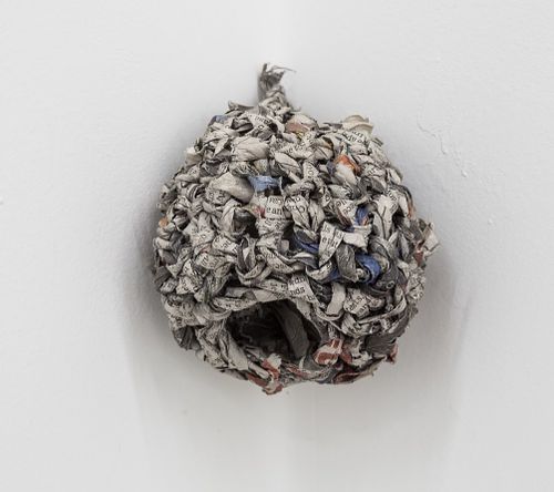 "Hive Mind," 2017, Crocheted newspaper: LA Times announcement of Charles Manson’s death