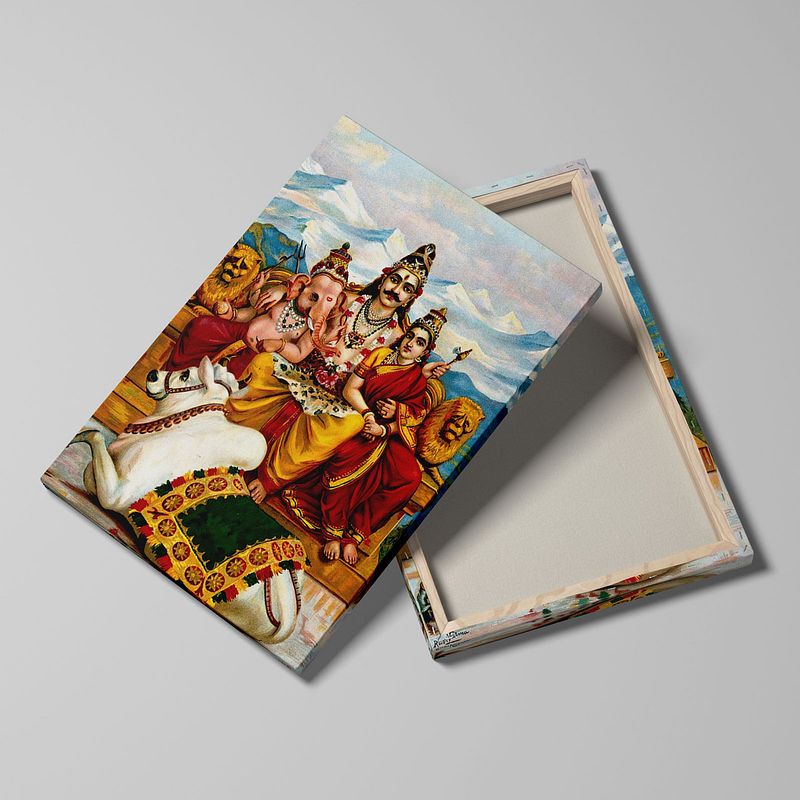 Shiva Parvati and Ganesha on Mount Kailas with Nandi by Raja Ravi Verma