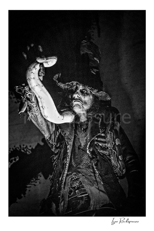 Vertical black and white image of Alice Cooper performing live on stage in theatrical makeup while holding a large snake in a dark horror-style scene