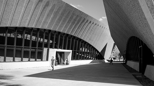 Monochrome perspective of the contemporary precast concrete pavilions of the Winter Park Library, highlighting the unique geometric lines and dramatic shadows.