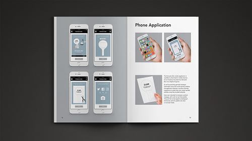 Double-page spread of the proposal publication showing mobile application mockups on the left page and more mobile application mockups and accompanying written details on the right.