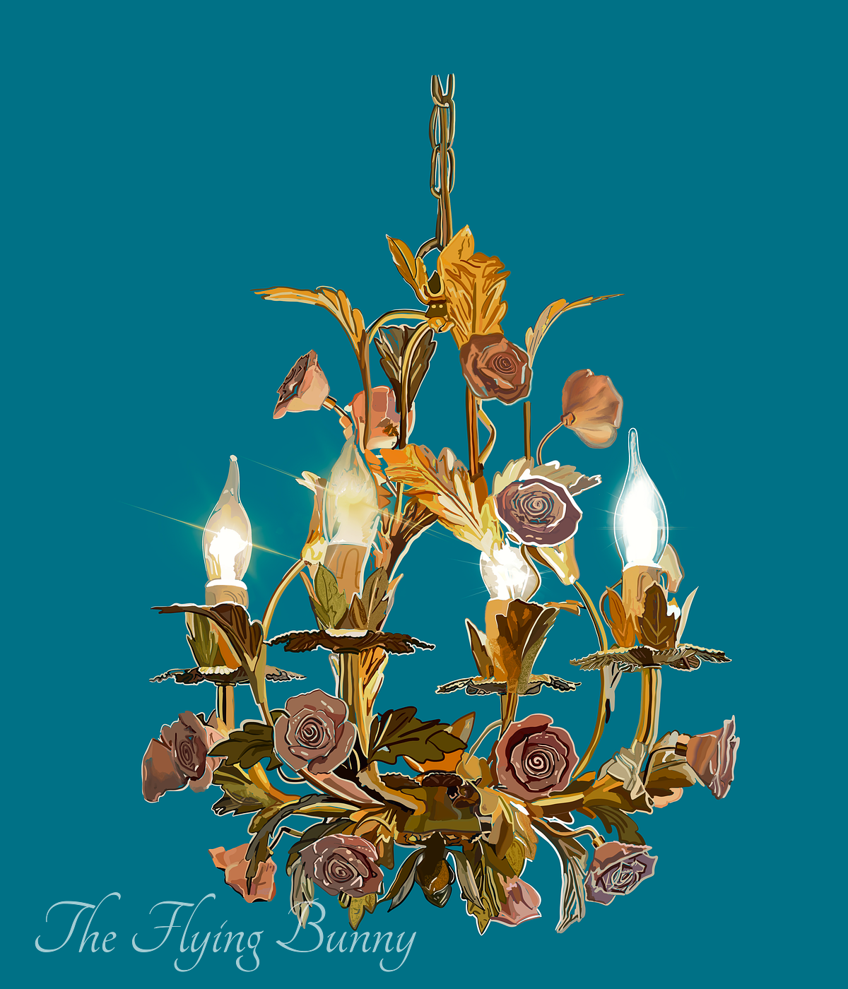 Ornate floral chandelier with glowing candle-style lights, sculptural gold leaves, and muted roses on a deep turquoise background.