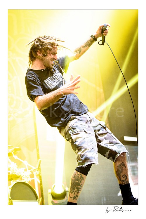 Vertical color image of Randy Blythe of Lamb of God performing on stage with dreadlocks, handheld microphone, and bright yellow concert light