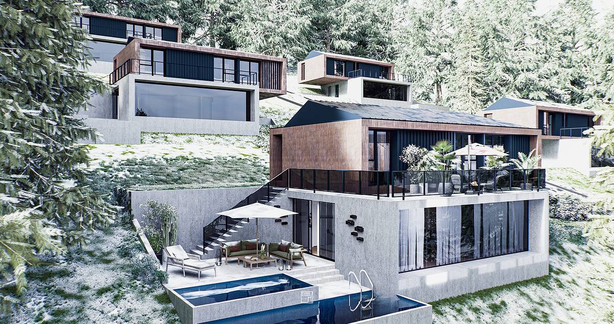 render exterior villa lujo suiza alpes arquitectura monta&ntilde;a