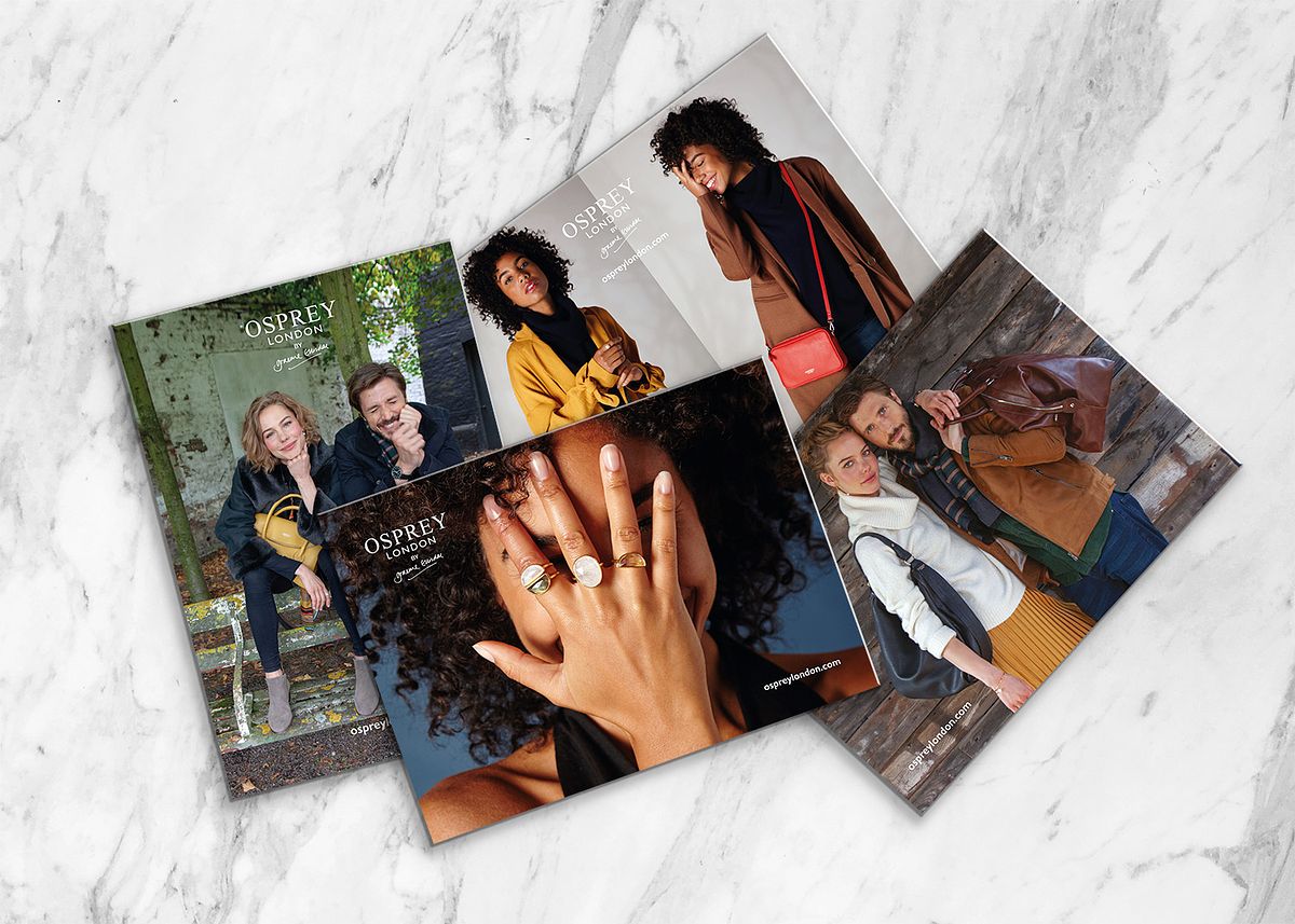 spread of 4 postcards with models wearing accessories and carrying leather bags