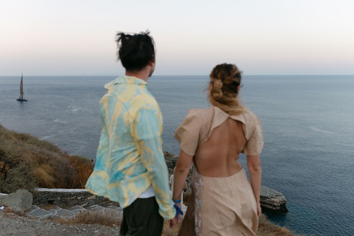 pre wedding couple at Kastro Sifnos overlooking the Aegean sea Cyclades Greece