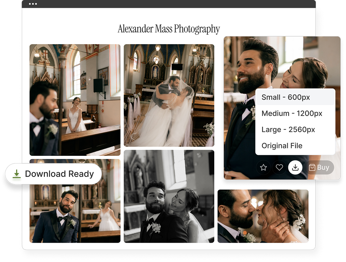 A Pixpa client gallery with download-size options and print sales