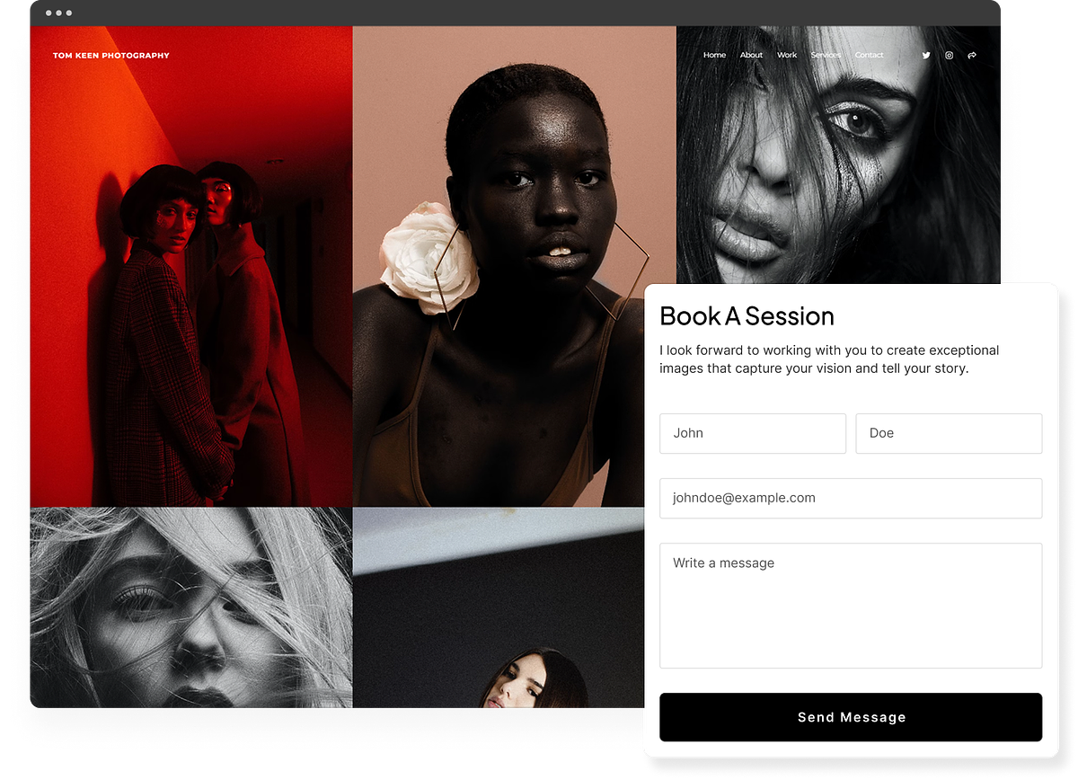 A Pixpa Sitio web de una sola página con navegación mediante anclas y vista previa del diseño para dispositivos móviles.