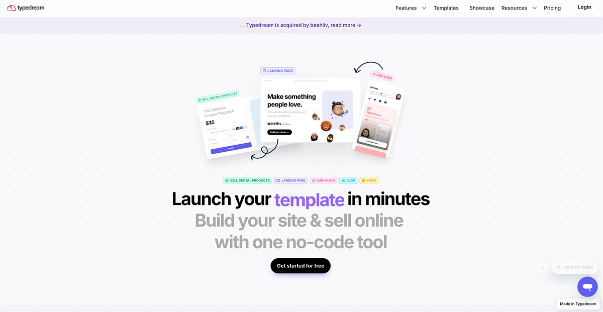 Typedream homepage showing the Notion-like multi-page website builder for Carrd graduates