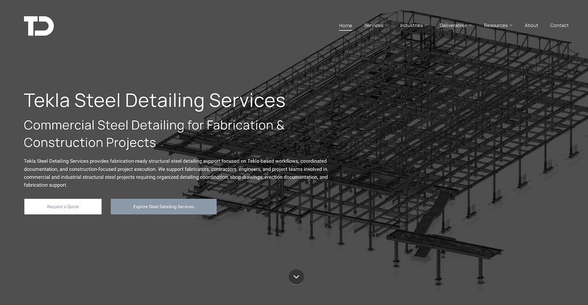 Tekla Steel Detailing Services homepage with a near-black theme and a 3D steel-frame render