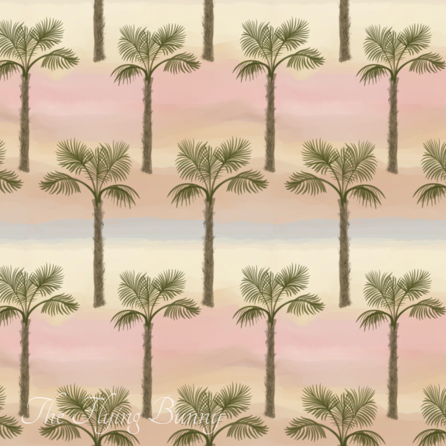 Seamless watercolor-style pattern of palm trees against soft horizontal bands of blush, sand, cream, and muted pastel tones.